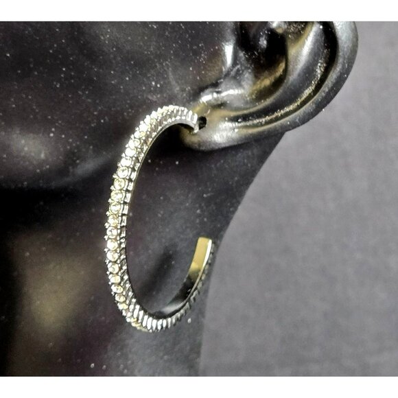 Sparkling Rhinestone Hoop Earrings Smokey Silver Tone Crystal Pave Round Hoops - Picture 1 of 6